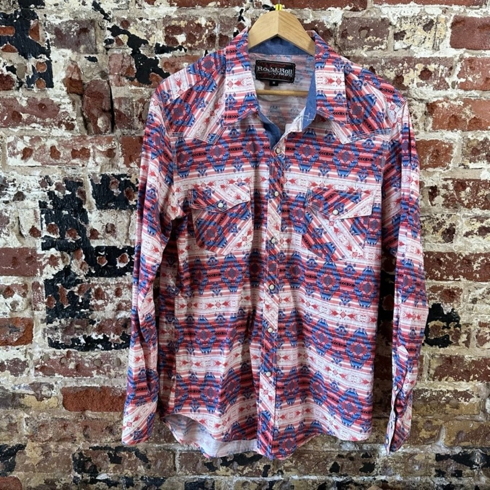 Rock N Roll Shirt Mens Medium Long Sleeve Western Aztec Pearl Snap Southwestern